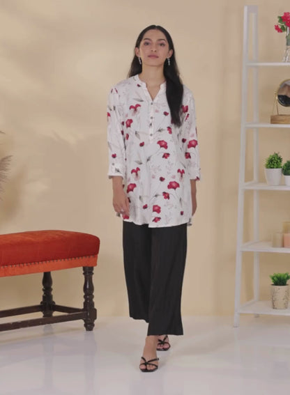 White Floral Printed Mandarin Collar Tunic