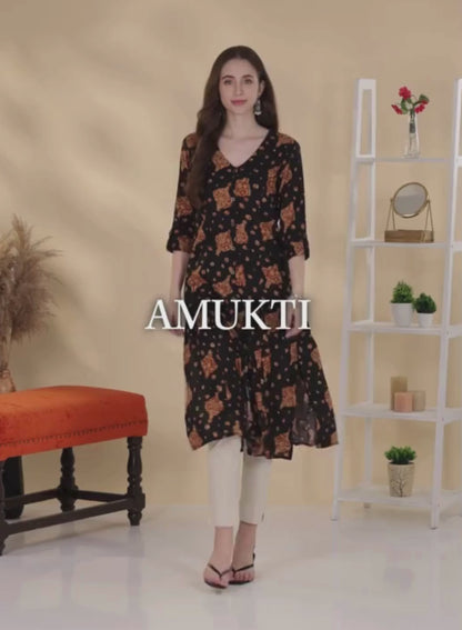 Black Ethnic Motifs Printed A-Line Kurta