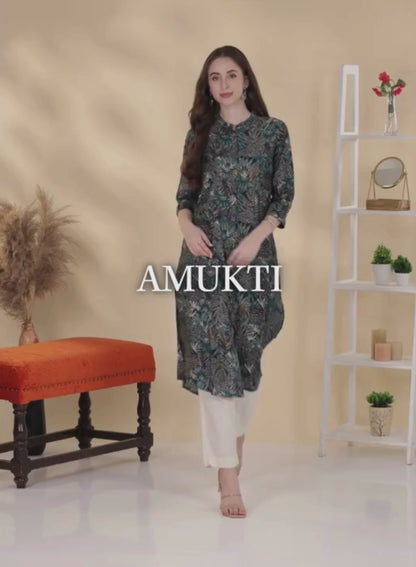 Green Tropical Printed A-Line Kurta
