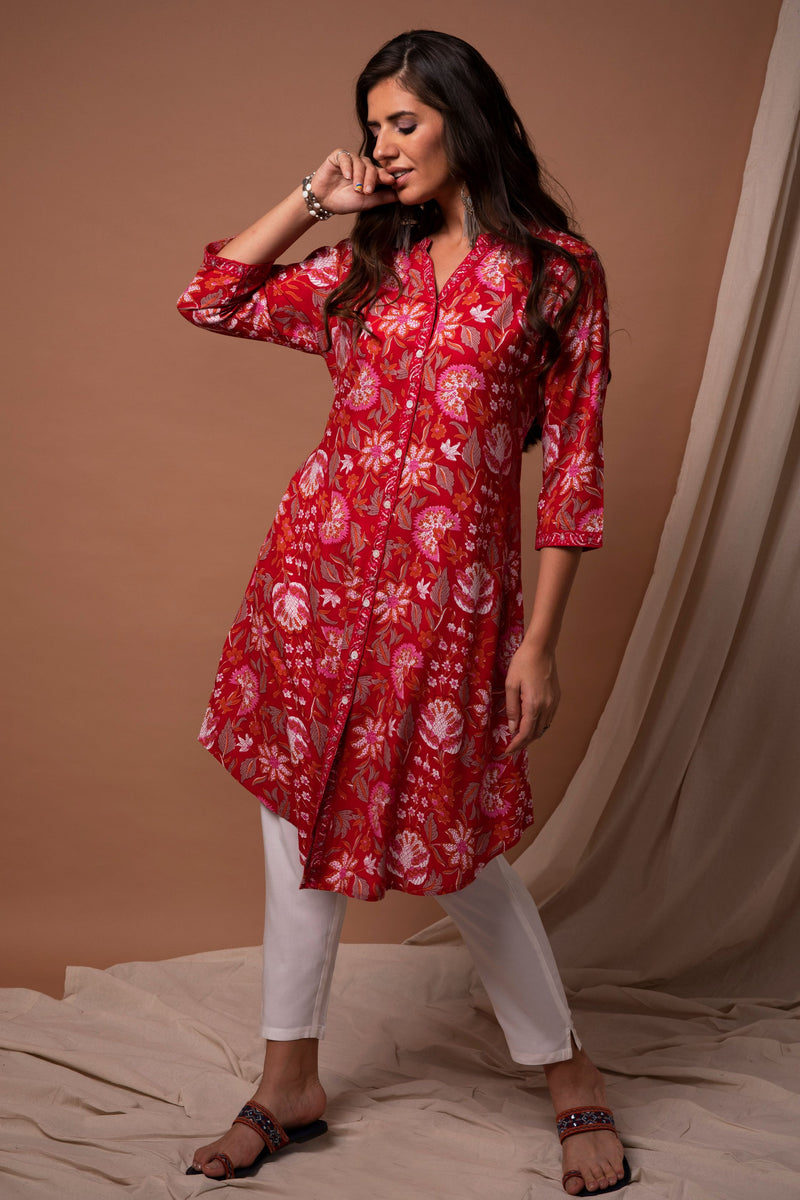 Red Floral Design Printed Princess Cut Kurta