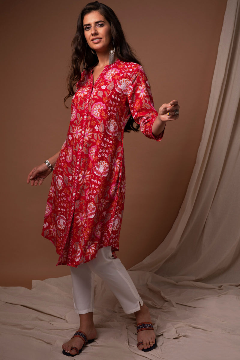 Red Floral Design Printed Princess Cut Kurta