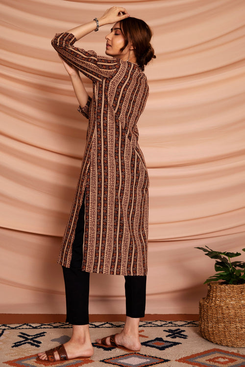 Brown Striped Straight Cut Kurta