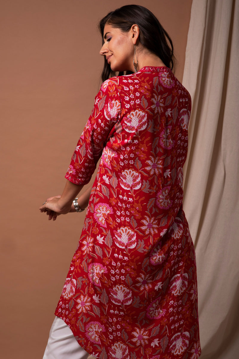 Red Floral Design Printed Princess Cut Kurta