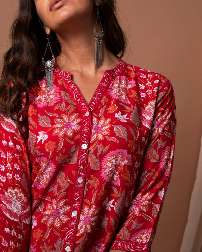 Red Floral Design Printed Princess Cut Kurta