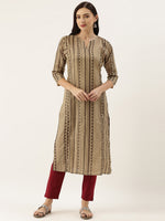 Beige Black Striped Straight Cut Kurta