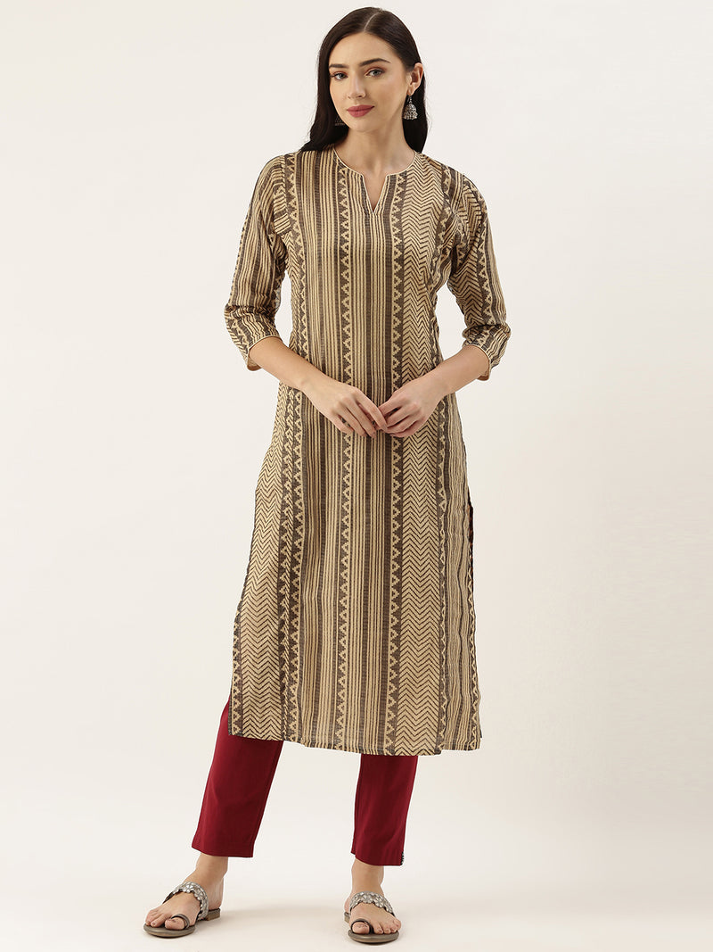 Beige Black Striped Straight Cut Kurta