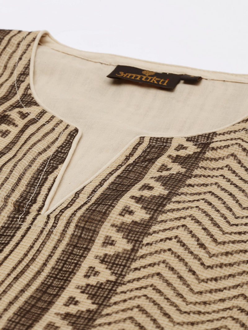 Beige Black Striped Straight Cut Kurta