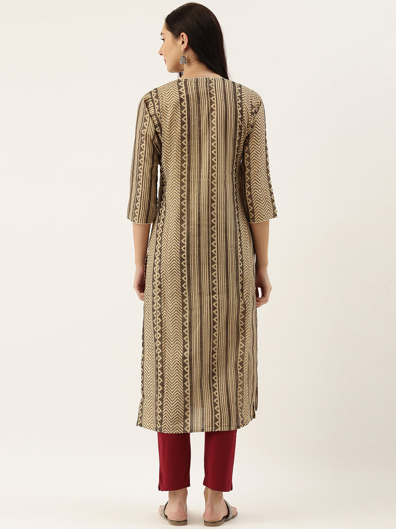 Beige Black Striped Straight Cut Kurta