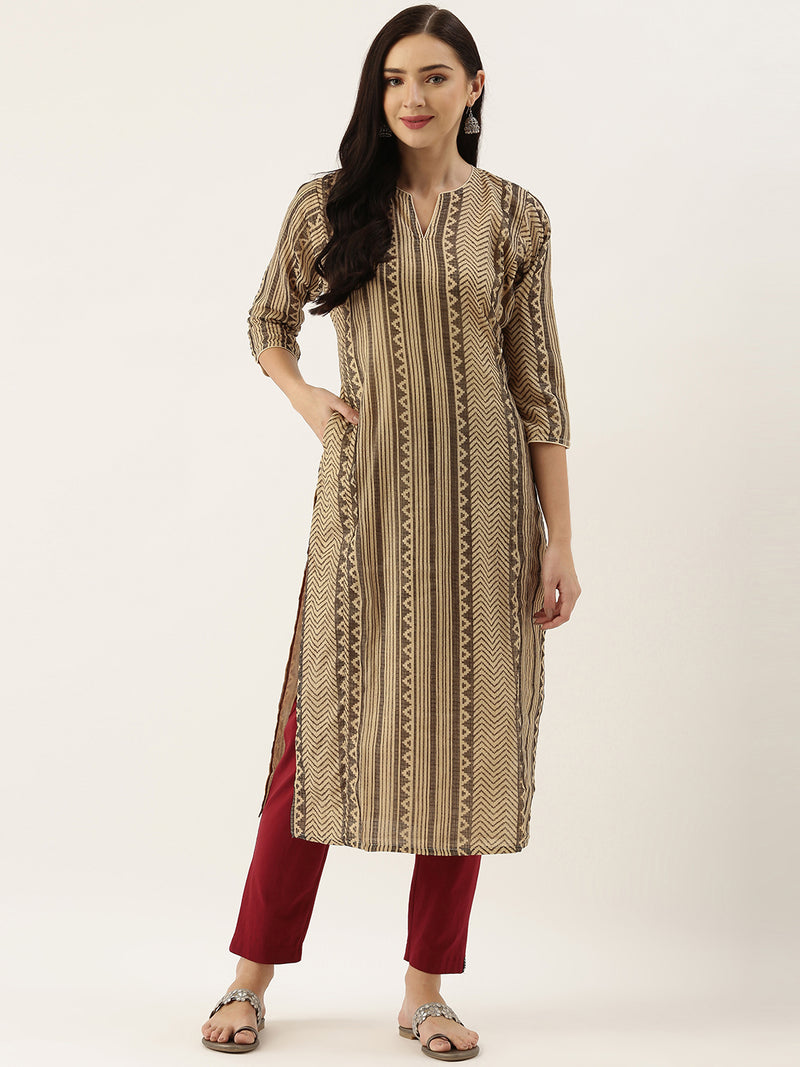 Beige Black Striped Straight Cut Kurta