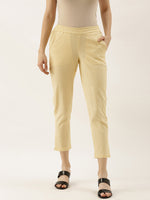Cream-Coloured Regular Fit Solid Cropped Cigarette Trousers