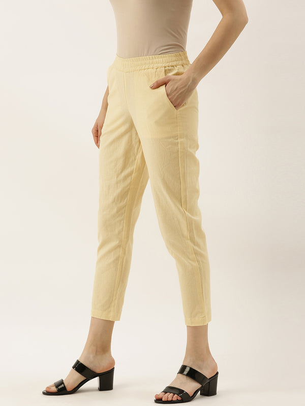 Cream-Coloured Regular Fit Solid Cropped Cigarette Trousers