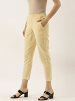 Cream-Coloured Regular Fit Solid Cropped Cigarette Trousers