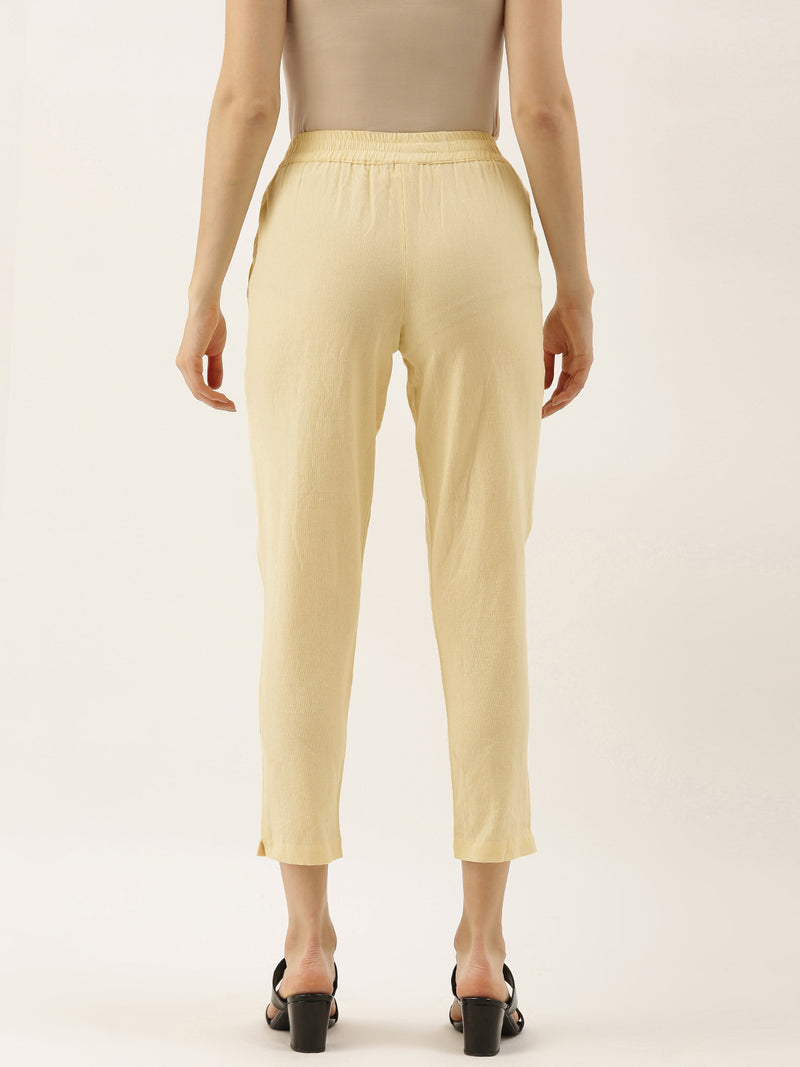 Cream-Coloured Regular Fit Solid Cropped Cigarette Trousers