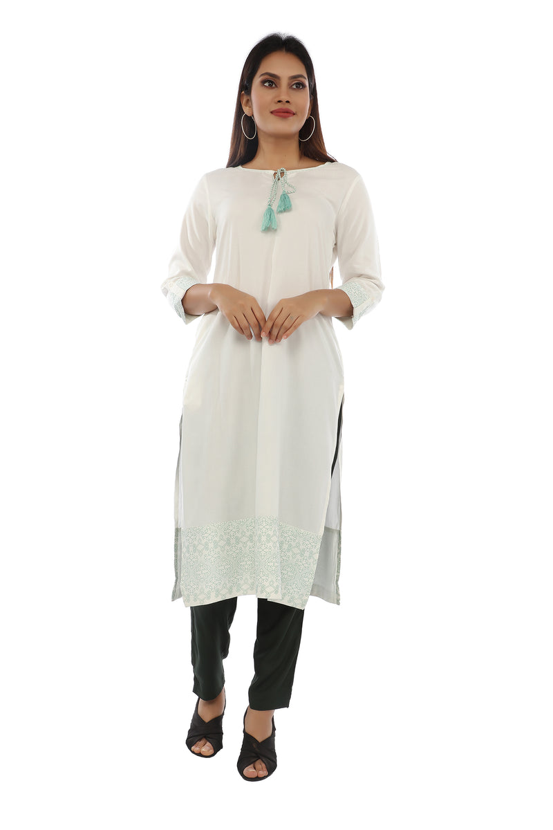 Off-White Printed Straight Kurta