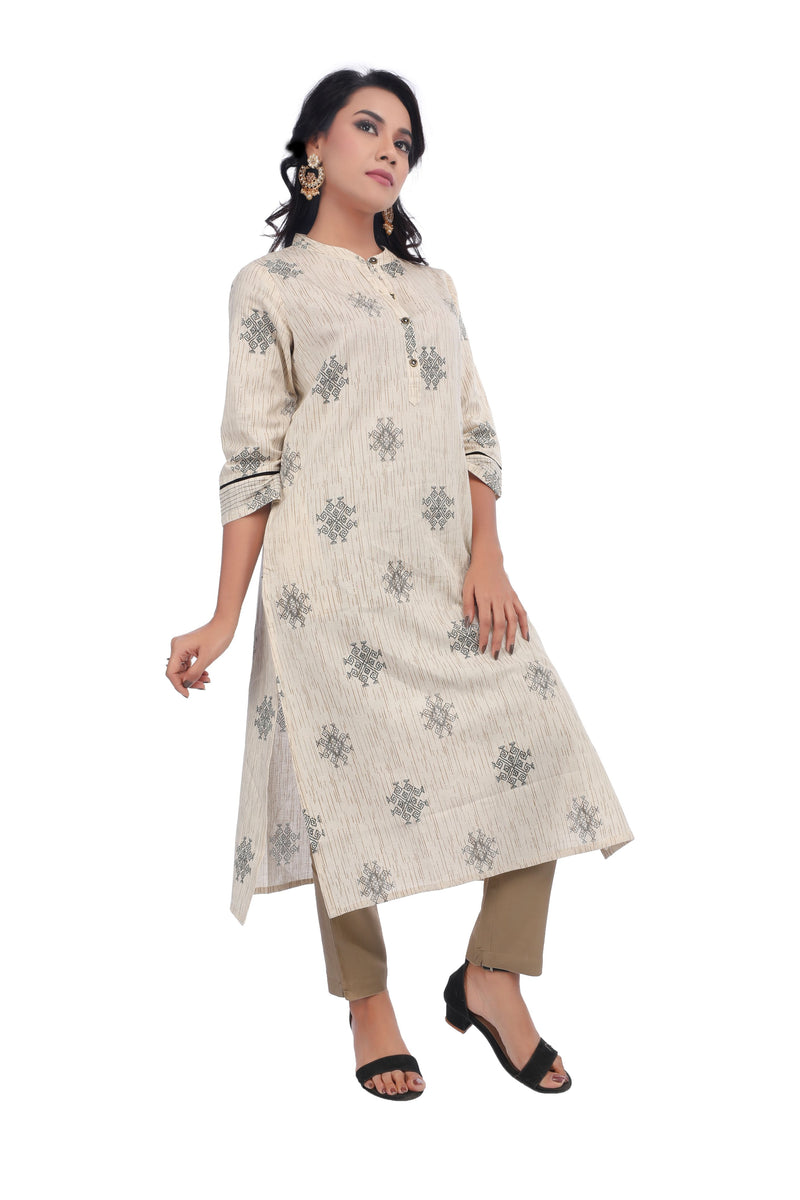 Beige Printed Straight Cut Kurta