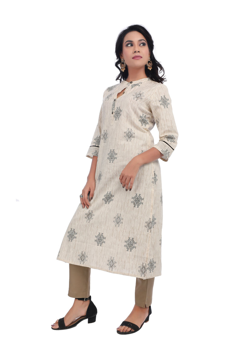 Beige Printed Straight Cut Kurta
