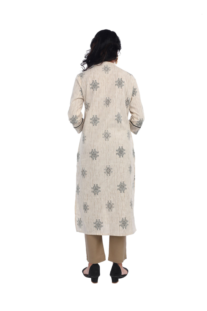 Beige Printed Straight Cut Kurta