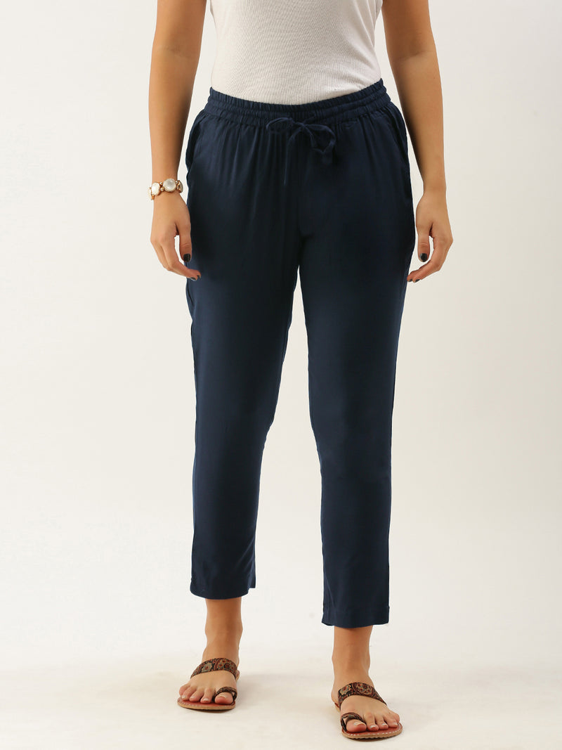 Navy Blue Pleated Regular Trousers