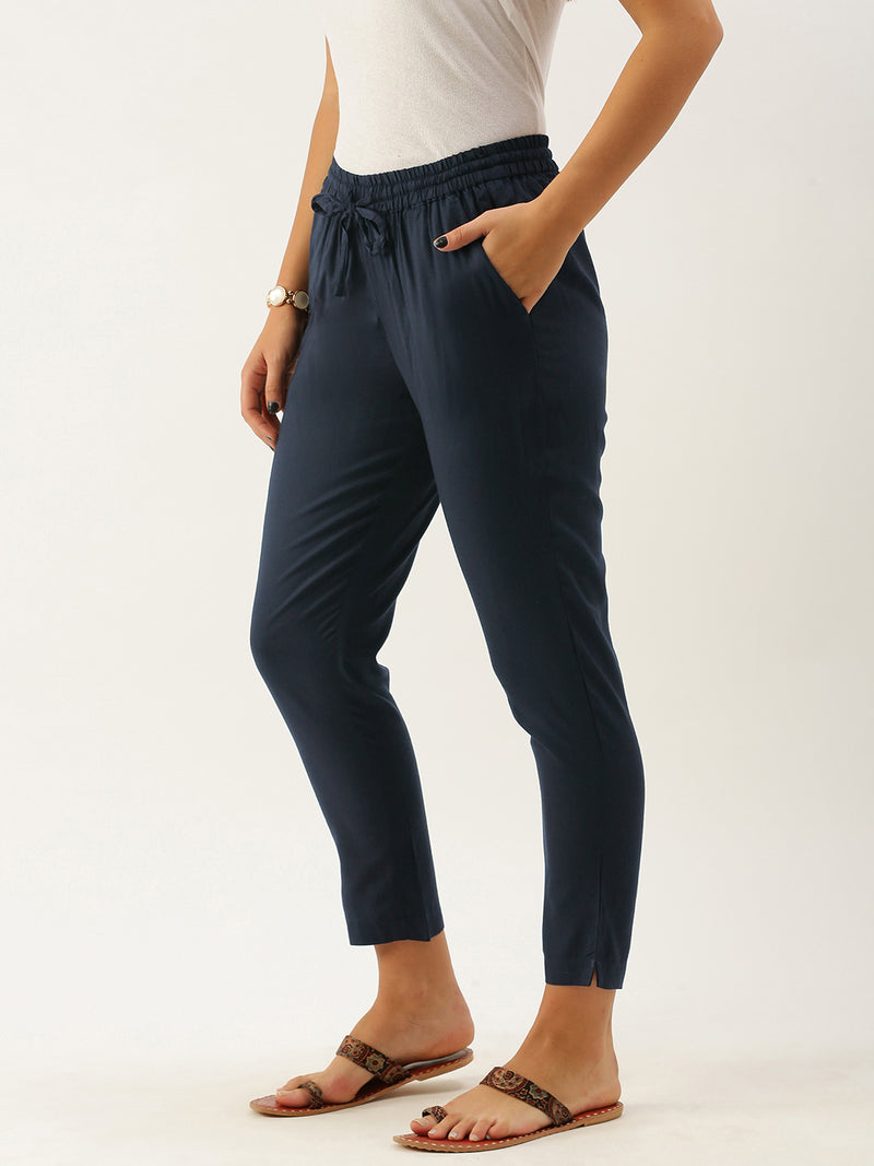 Navy Blue Pleated Regular Trousers