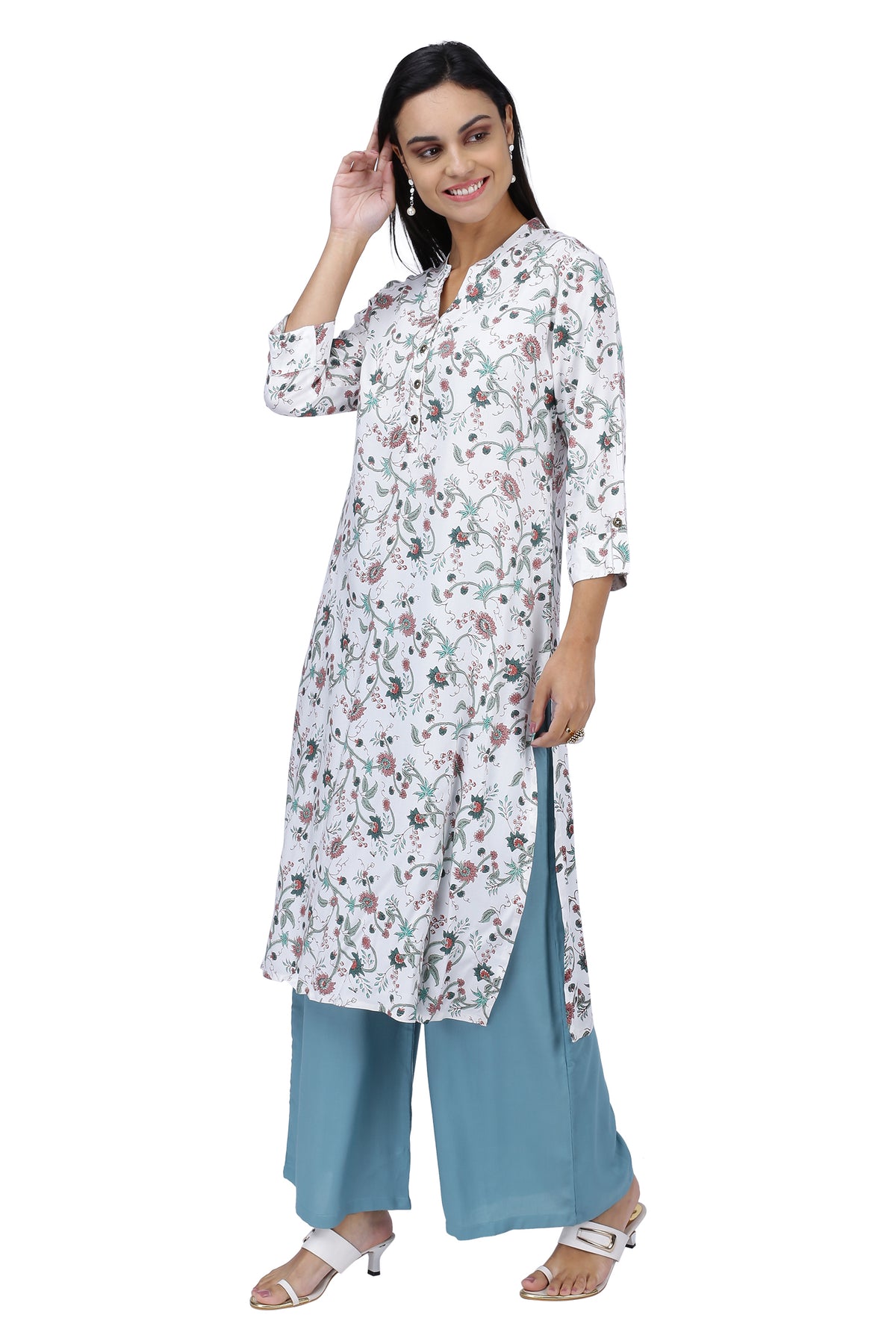 White Floral Printed Kurta
