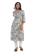 Indigo Grey Floral Printed Straight Cut  Kurta