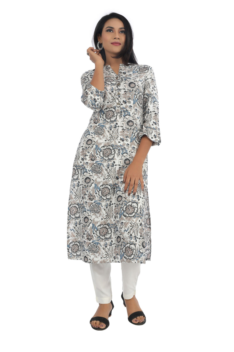 Indigo Grey Floral Printed Straight Cut  Kurta