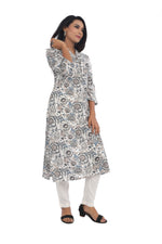 Indigo Grey Floral Printed Straight Cut  Kurta