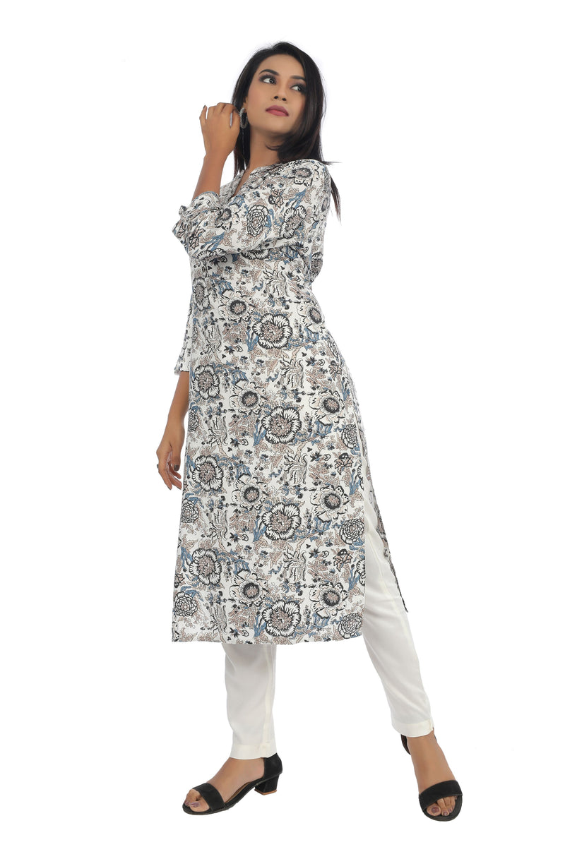 Indigo Grey Floral Printed Straight Cut  Kurta