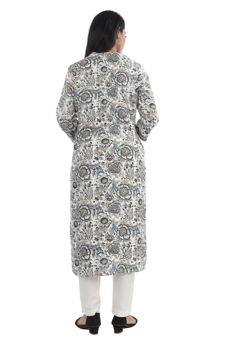 Indigo Grey Floral Printed Straight Cut  Kurta