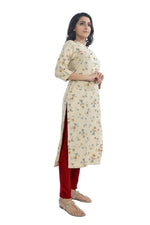 Beige Floral Print  Straight Cut Kurta