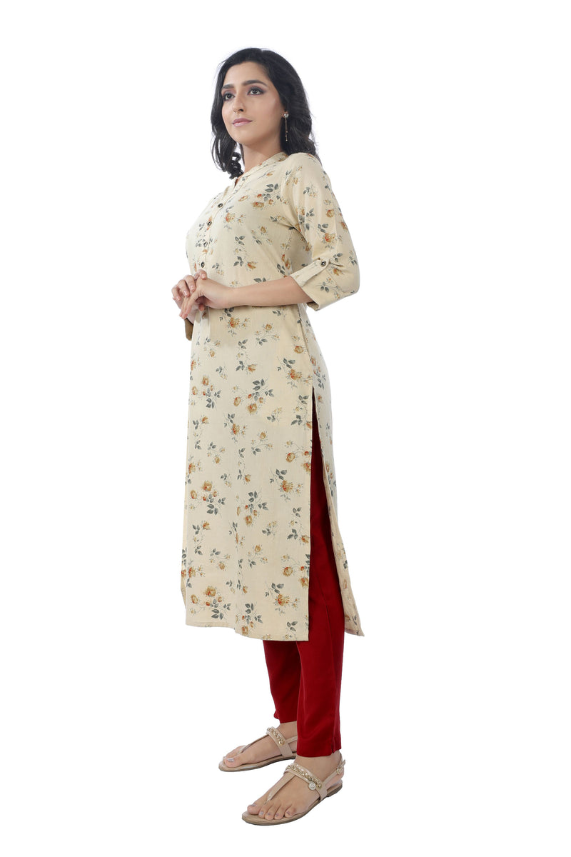 Beige Floral Print  Straight Cut Kurta