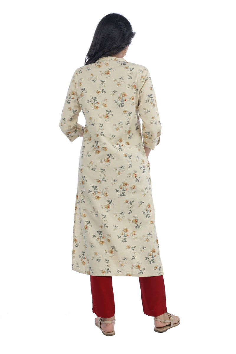 Beige Floral Print  Straight Cut Kurta