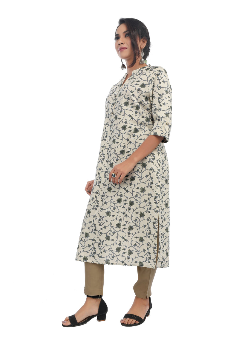 Beige Floral Print Kurta