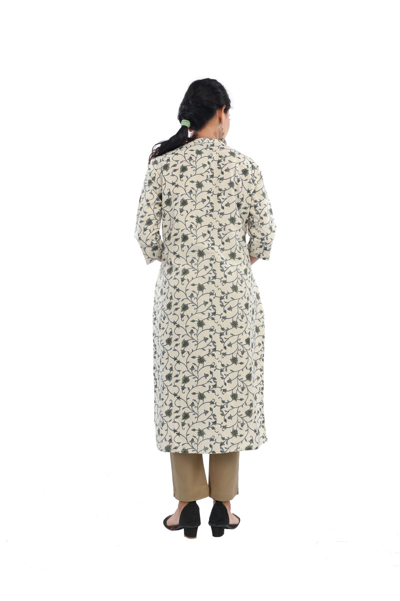 Beige Floral Print Kurta