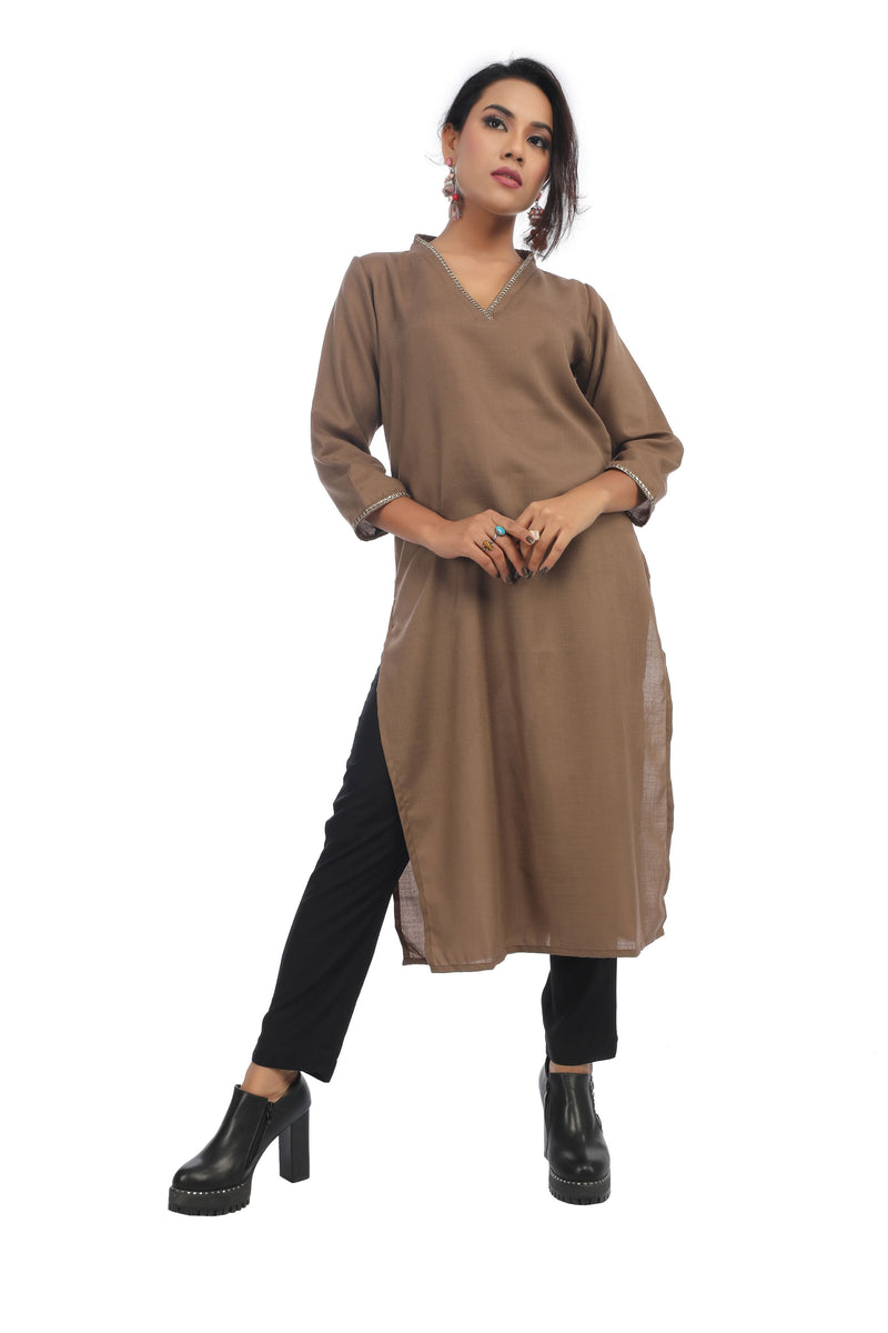 Khaki Embellished Kurta
