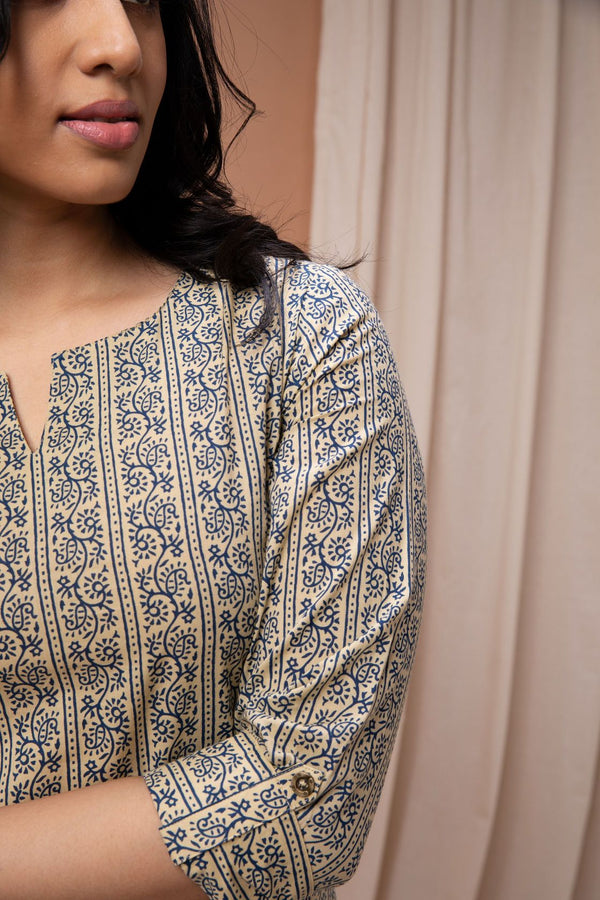 Beige & Blue Striped Straight Cut Kurta