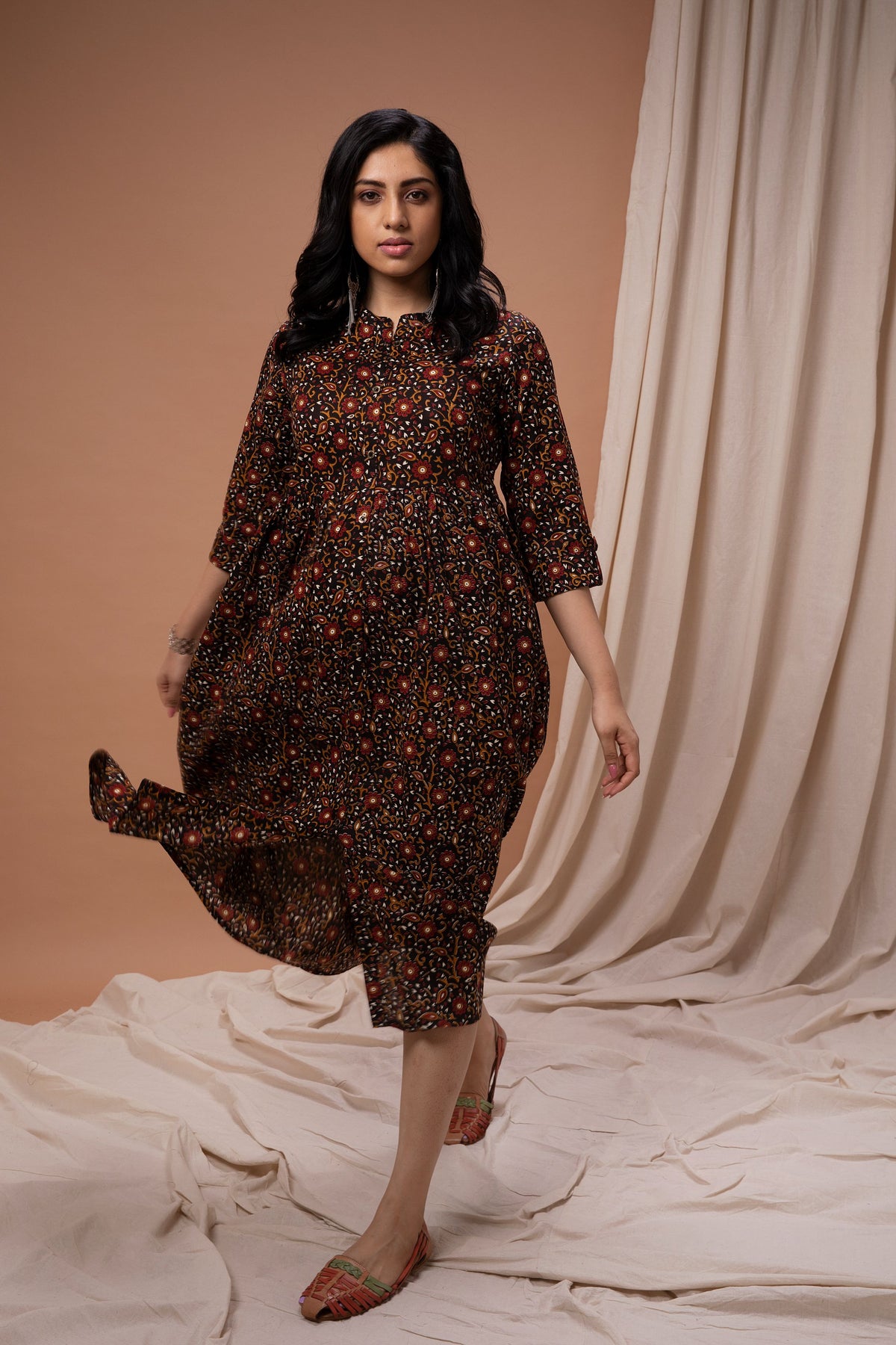 Black Floral Design Printed Flared Kurta