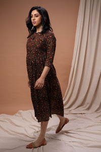 Black Floral Design Printed Flared Kurta