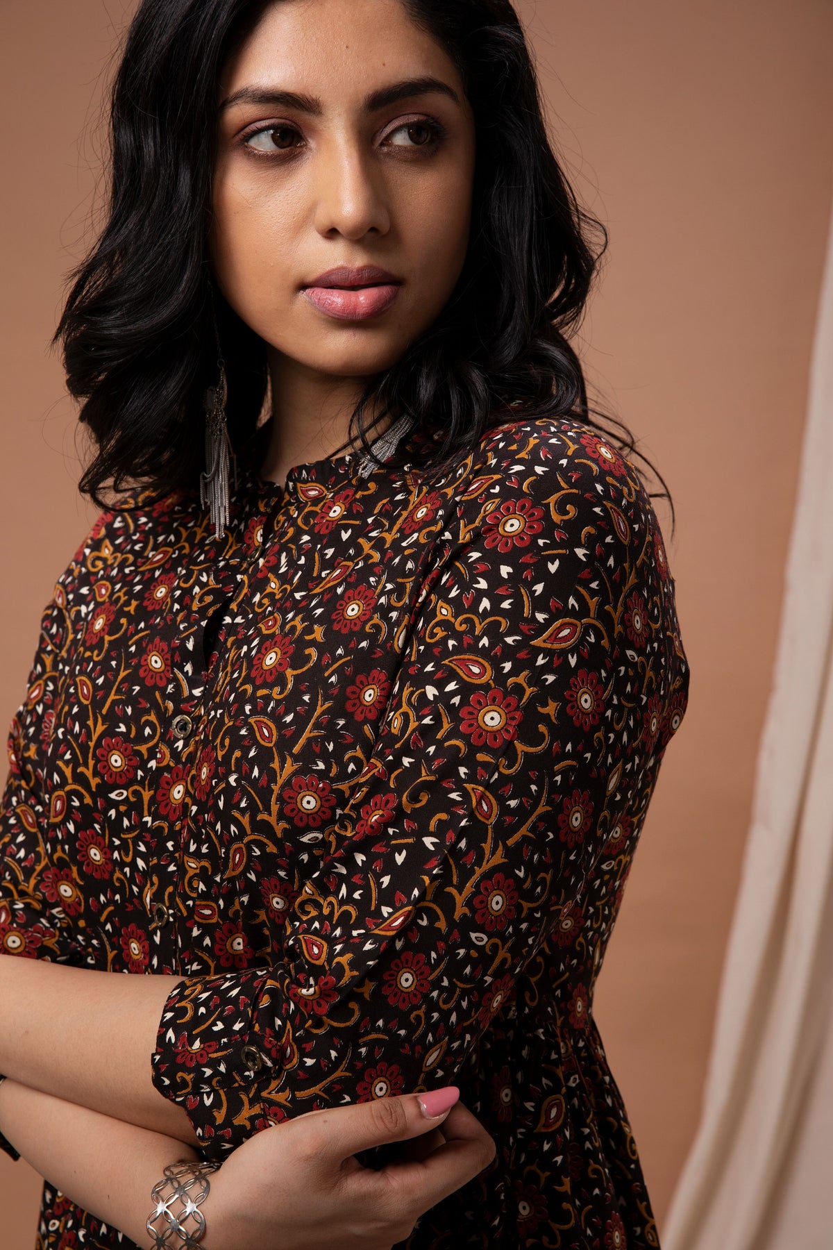 Black Floral Design Printed Flared Kurta