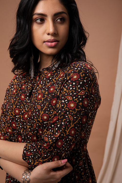 Black Floral Design Printed Flared Kurta