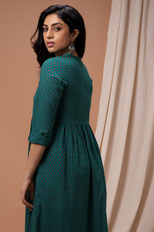 Turq Floral Design Printed Flared kurta