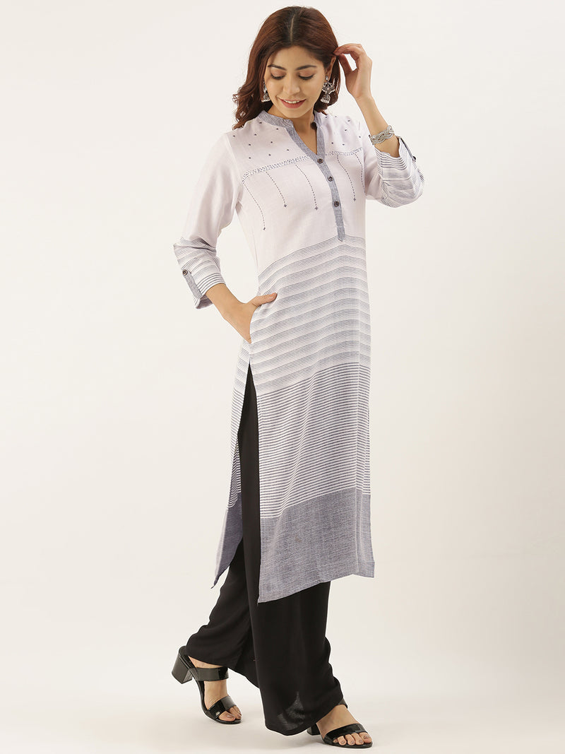 Grey & White Striped Straight Kurta