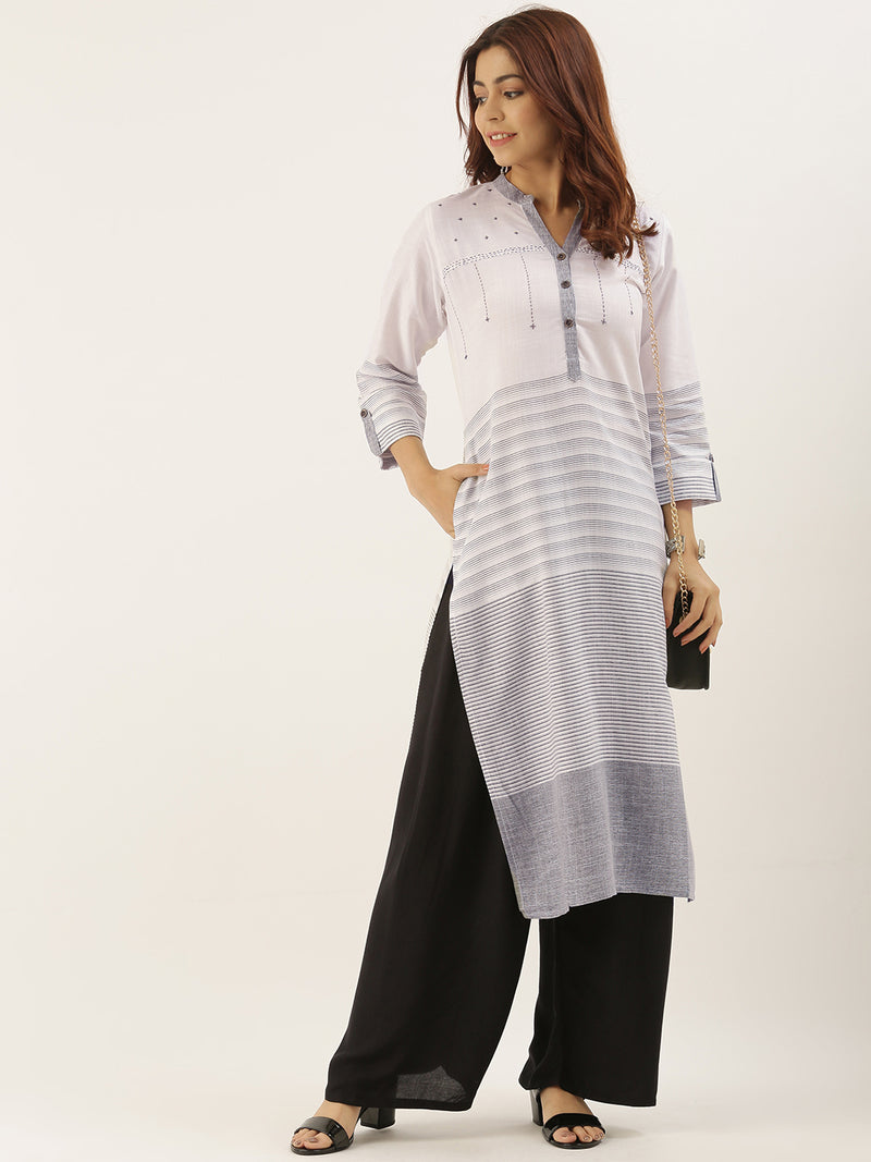 Grey & White Striped Straight Kurta