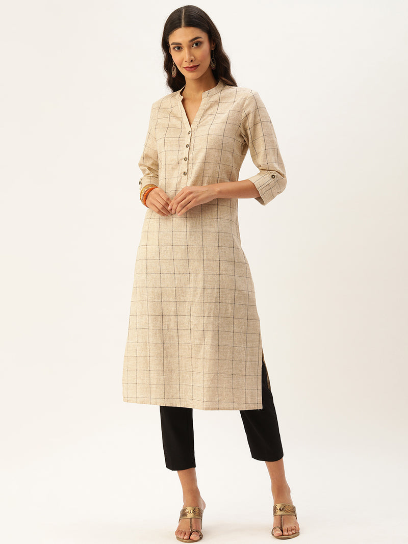 Beige Grey Checked Straight Cut Kurta