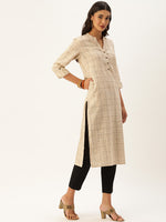 Beige Grey Checked Straight Cut Kurta