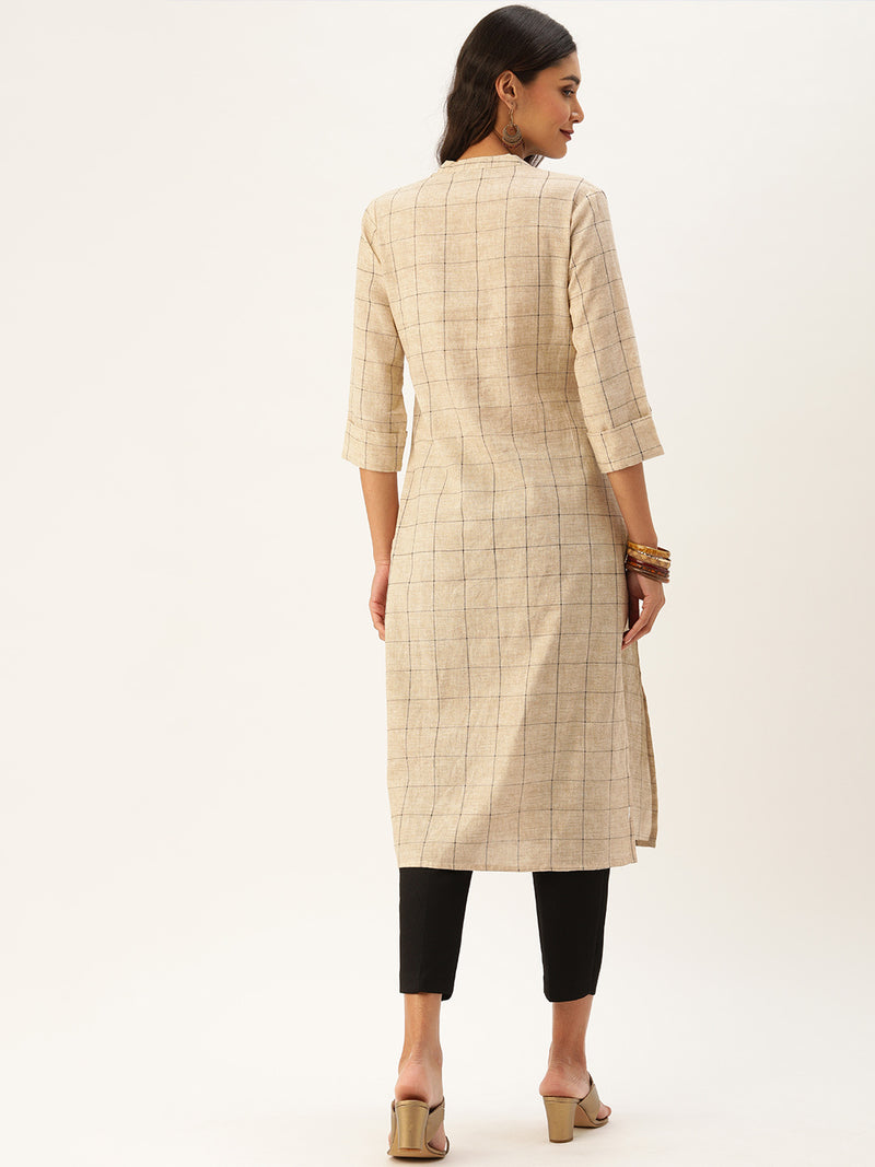 Beige Grey Checked Straight Cut Kurta