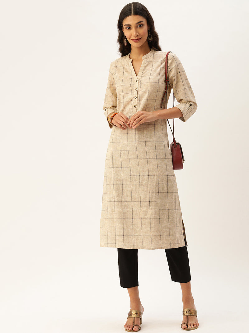 Beige Grey Checked Straight Cut Kurta
