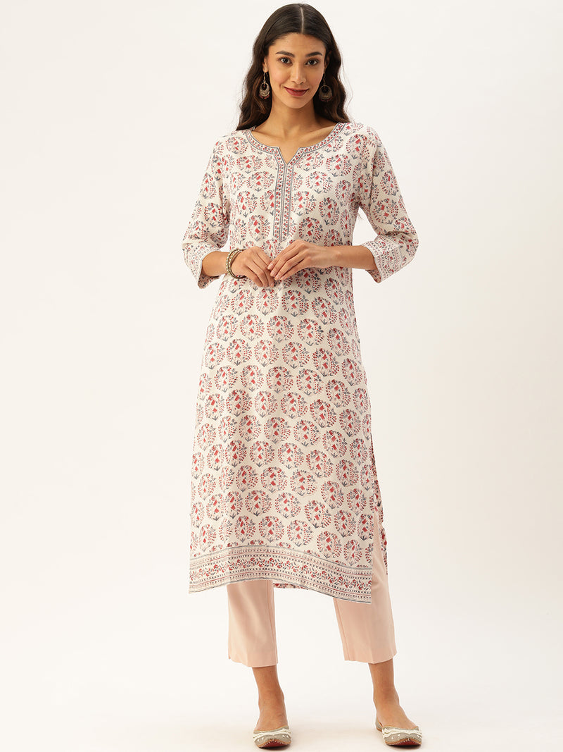 White  Maroon Printed Straight Cut  Kurta