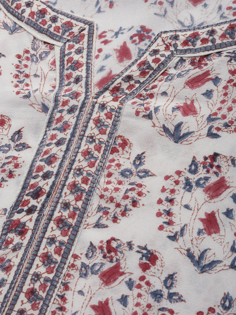White  Maroon Printed Straight Cut  Kurta
