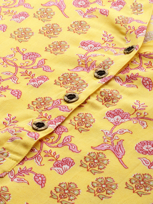 Yellow  Pink Sanganeri Hand Block Printed Straight Cut Kurta